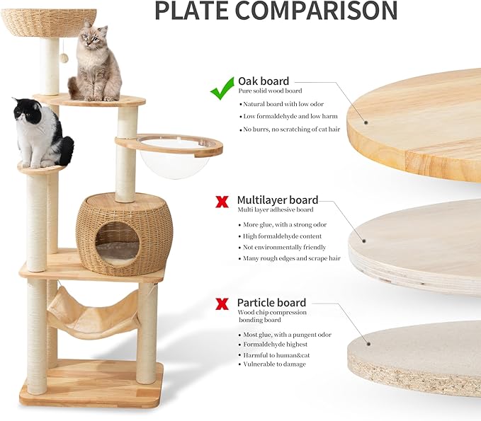59" Big Modern Cat Tree Tower, Cat Tower Sisal-Covered Scratching Posts for Indoor Cats, Oak Wood Cat Tree for Large Cats, Multi-Level Cat Condo with Space Capsule Nest, Cat Furniture Activity Centre-Mewly Pet