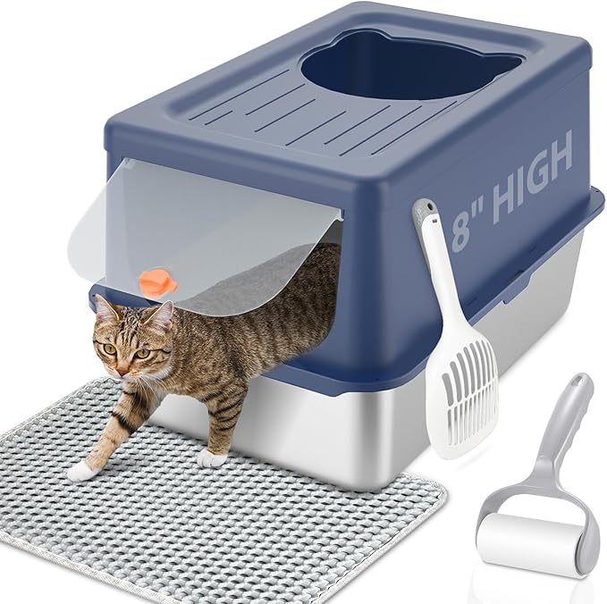 Litter Box with Lid, Stainless Steel Litter Box XL, 14" H Metal Cat Box with High Sides Wall Enclosure, Cat Pan, Non-Sticky, Easy Clean, Anti-Leakage, Blue-Mewly Pet