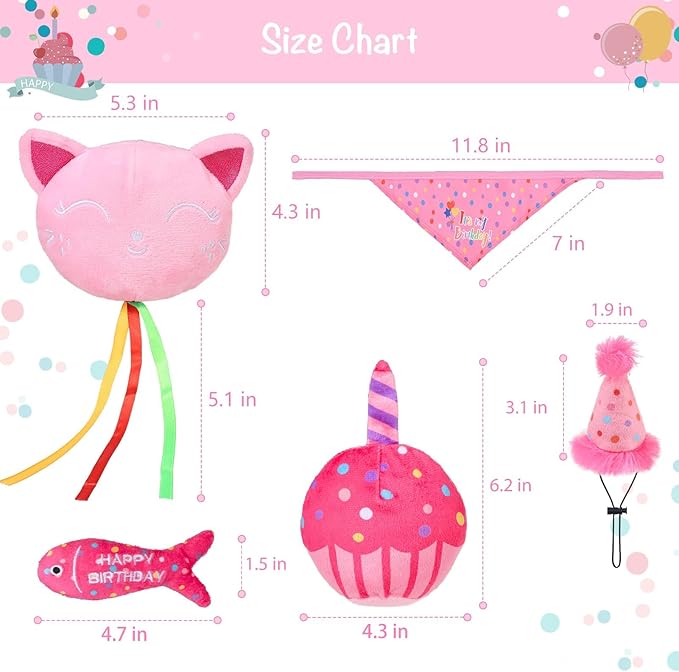 BINGPET Catnip Toys for Indoor Cats, Cat Birthday Hat and Interactive Plush Kitten Chew Toys - Cute Cake, Fish, Balloon Toys with Crinkle Paper and Catnip Inside Pink-Mewly Pet