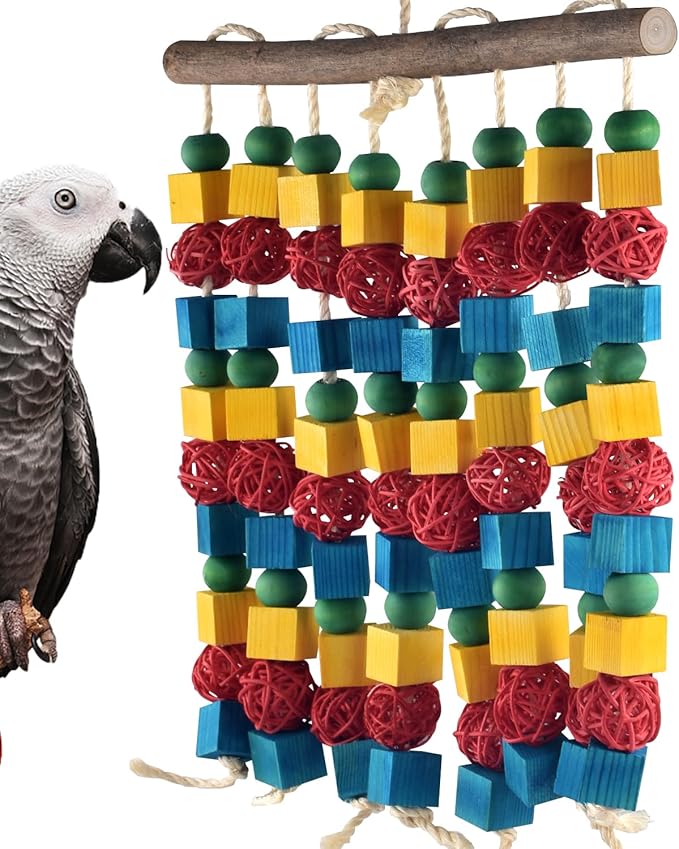 Large Parrot Toys, 17.7 inch Multicolored Natural Wooden Blocks Beads Rattan Balls, Bird Chew and Hanging Tearing Toys for Large Medium Birds Macaws African Grey Cockatoos Amazon Parrots-Mewly Pet