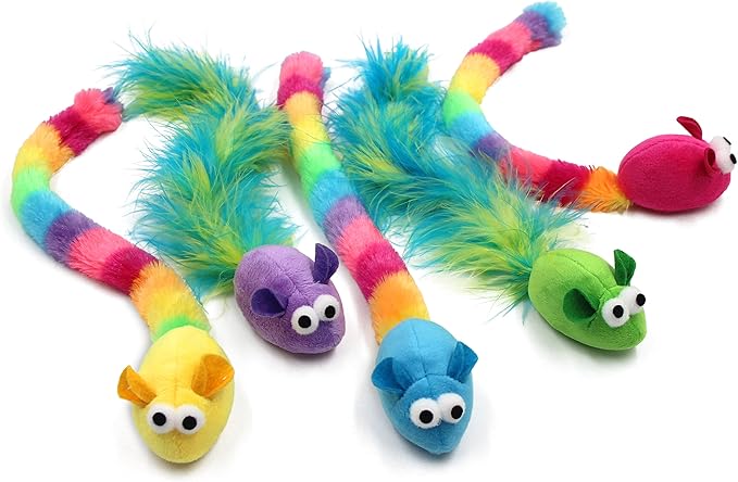 5 Pack Interactive Catnip and Feather Cat Toys, Multi-Colored Mice with Long Feather Tail, Accessories for Indoor Cat, Catnip Plush Toys with Natural Feathers and Rattles-Mewly Pet