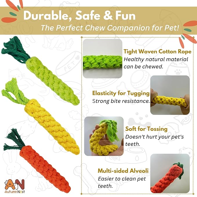 3PCS Mixed Color Woven Pet Rope Toys (Yellow, Green, Orange), Chew Toys for Dogs & Cats, Safe & Durable Braided Rope Toys for Pets-Mewly Pet