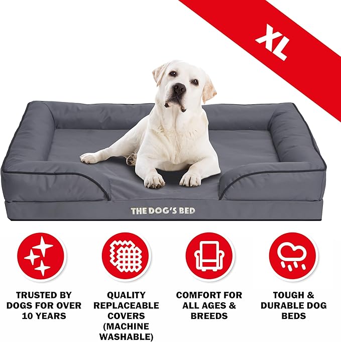 The Dog’s Bed, Orthopedic Standard Foam Waterproof Dog Bed with Standard Support, XL Grey with Black Trim, Waterproof, Supportive Dog Bed with Replaceable Covers, Veterinary Approved-Mewly Pet