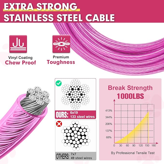 Snagle Paw Heavy Duty Long Leads for Yard 200FT-1000LBS Break Strength, Tie Out Cable With Swivel Lockable Hook & Spring, Chew Proof Chain for Outside, Run Cable for Medium Large Dogs-Mewly Pet