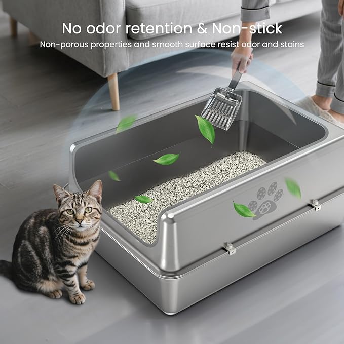 Enclosed Stainless Steel Cat Litter Box with Lid, Oversize Metal Litter Box for Multi Cats, XXXL Supersize Cat Toilet with High Side, Non-Stick, Anti-Leakage, Odorless, with Litter Mat & Litter Scoop-Mewly Pet