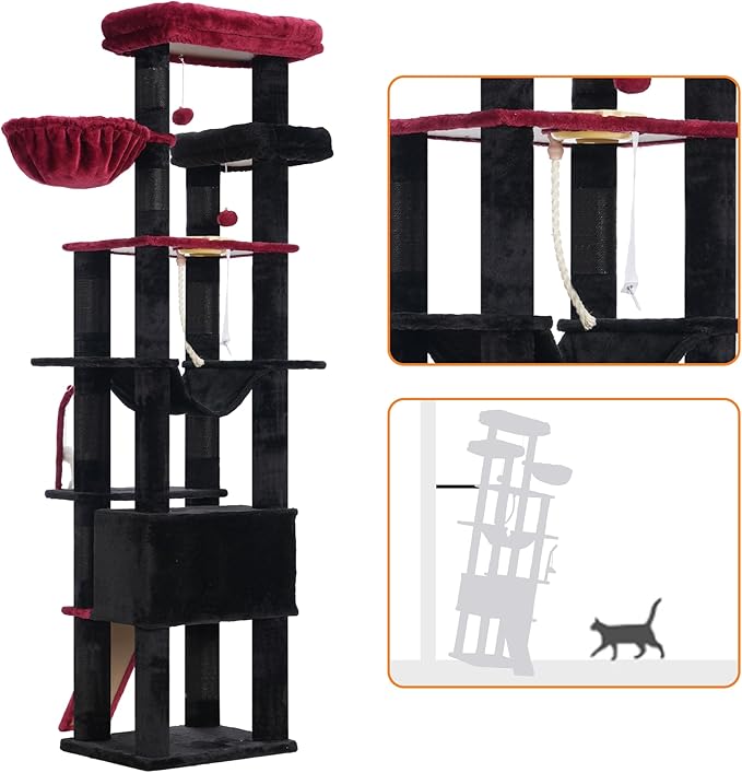Heybly Tall Cat Tree, 78-inch Multi-Level Cat Tower for Indoor Cats, 2 Widened Plush Perches Cat Condo with Scratching Board and Big Caves, Black and Red HCT033BR-Mewly Pet