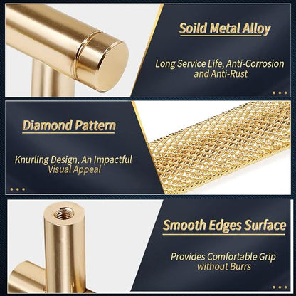 Knurled Cabinet Pulls 2 Pack, 5 Inch Long Cabinet Handles Metal Door Pulls, Kitchen Drawer Pull Knurled Dresser Handles - 3 3/4" Hole to Hole, Golden