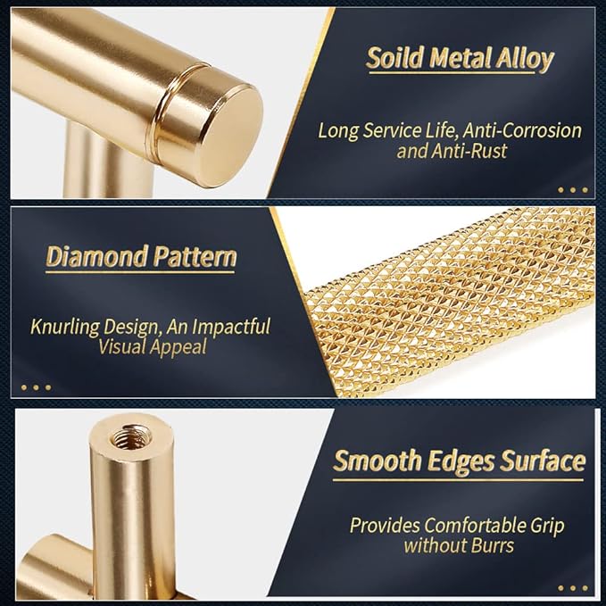 Knurled Cabinet Pulls 12 Pack, 5 Inch Long Cabinet Handles Metal Door Pulls, Kitchen Drawer Pull Knurled Dresser Handles - 3 3/4" Hole to Hole, Golden