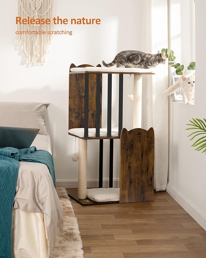 FourFurPets 43.8in 3-Tier Modern Cat Tree Tower Condo, Cat Scratch Posts for Indoor Cats, Big Plate, Two 19.7in Full Sisal Scratching Posts, Rustic Brown-Mewly Pet