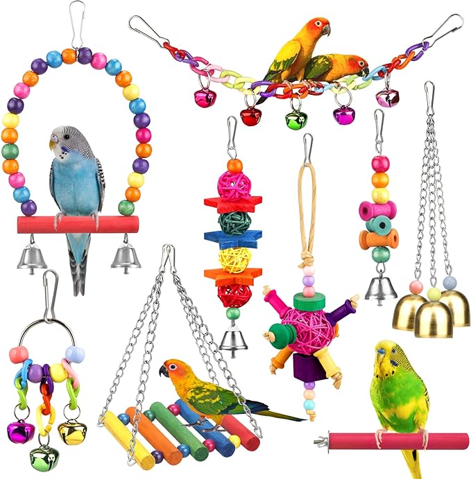 Bird Toys for Conures with Colorful Ladder Hammock Bird Cage Accerious Bird Perch Stand Chewing Toys Hanging Bell for Parrot Parakeet Cockatiel Lovebirds-Mewly Pet