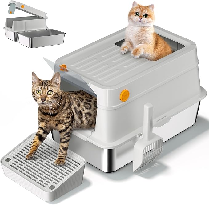 XL Stainless Steel Cat Litter Box with Easy-Open Lid, AOTRUTII Enclosed Metal Litter Box for Big Cats, Front Entry & Top Exit, High Sided, Anti-Leak, Non-Stick, Easy to Clean, Includes Scoop-Mewly Pet