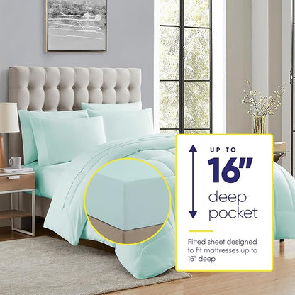 Sweet Home Collection 7 Piece Comforter Set Bag Solid Color All Season Soft Down Alternative Blanket & Luxurious Microfiber Bed Sheets, Aqua, Twin (Pack of 4)
