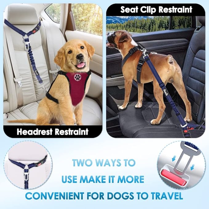 SlowTon Dog Seat Belt for Car, 2 Pack Dog Car Harness Seatbelt Adjustable with Elastic Bungee Buffer, 2 in 1 Pet Car Leash Headrest Restraint Dog Reflective Safety Tether (Blue, Headrest+Clip)-Mewly Pet