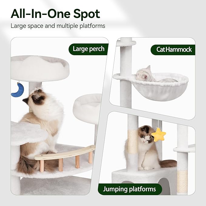 85in Tall Cat Tower for Heavy Duty Big Cats, Large Cat Tree with Scratching Post, Plush Perches, Cozy Cat Condos & Hanging Hammocks for Maine Coon, White-Mewly Pet