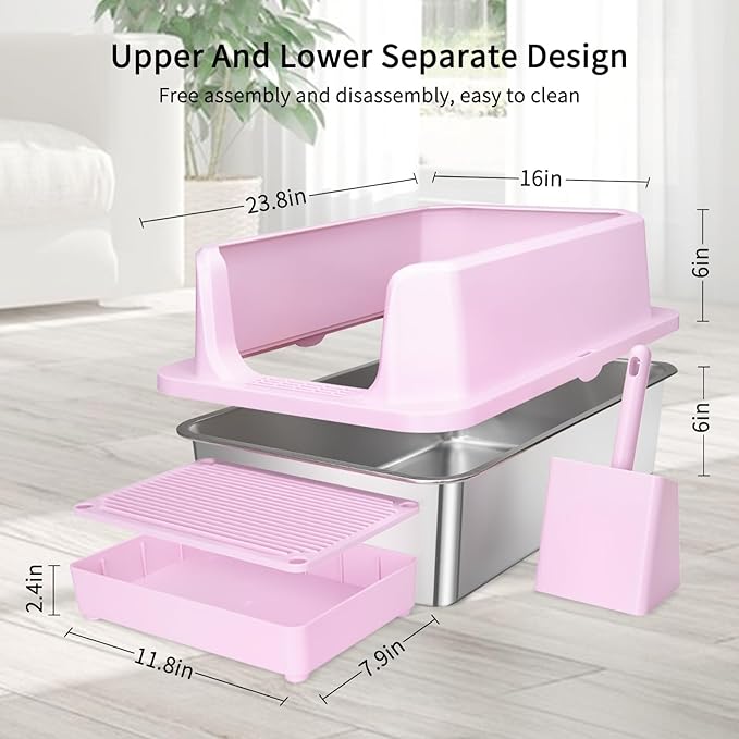 RIZZARI Large Stainless Steel Cat Litter Box: Open Top Leak-Proof Large Cat Pan - Odor Control for Indoor Multi-Cat Homes (Light Pink, 23.8" L*16" W*12" H)-Mewly Pet