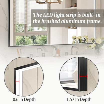 40x28 Inch LED Bathroom Mirror, Black Metal Framed Lighted Mirror for Bathroom, Wall Mouted LED Vanity Mirror with Lights, 3 Colors and Stepless Dimmable, Anti-Fog, Memory
