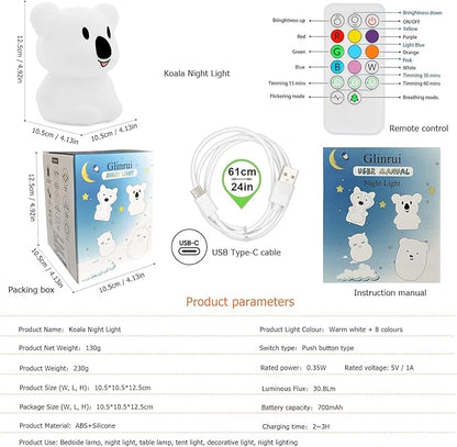 Koala Night Light for Kids Silicone Bedside Bedroom Lighting, Baby Nursery Light Sleeping NightLights, Color Changing Lamps - Eye Caring, Adjustable Brightness & Color, Time Setting - Medium