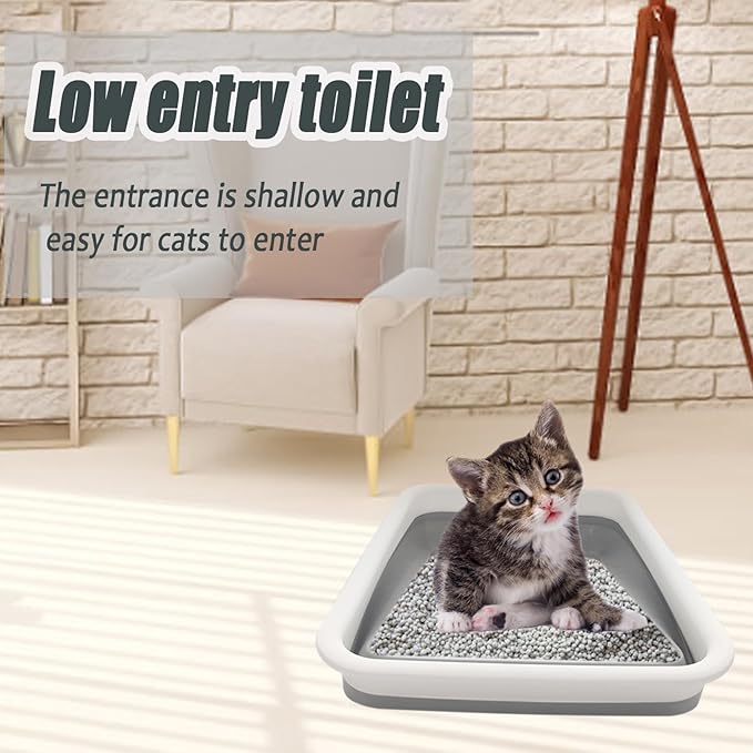 Collapsible Small Cat Litter Box, 14.6 x 10.6 x 4.8 inch Open Waterproof Low Entry Kitten Potty Pan Semi-Enclosed Pet Toilet for Sick Frail Kitty Grey-Mewly Pet