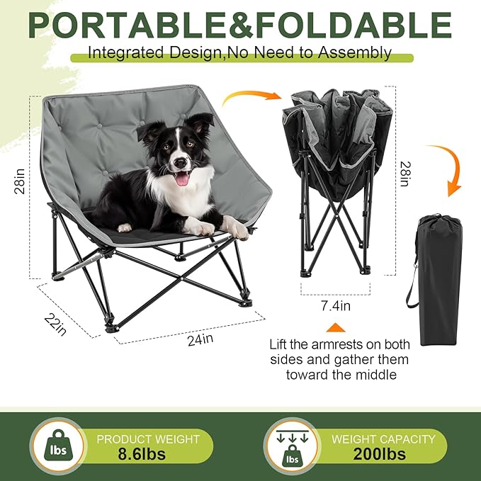 Portable Dog Camping Chairs for Dogs Raised Pet Bed for Outdoor Folding Chair Patio Lazy Puppy Cot Heavy Duty Pet Camping Gear(28x 24 x 22 Inches,Gray)-Mewly Pet