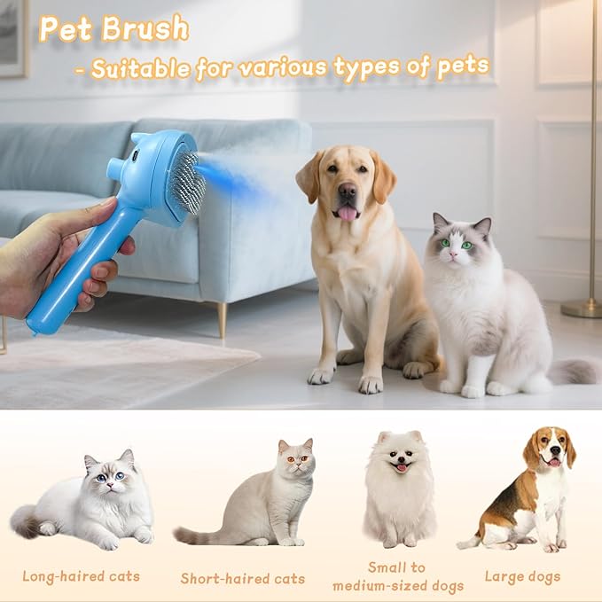 5-in-1 Pet Steam Brush for Cats & Dogs – Grooming, Shedding, Massage & One-Touch Clean for Short & Long Hair Pets – Electric Cat Brush with Comb & Steam (Blue)-Mewly Pet