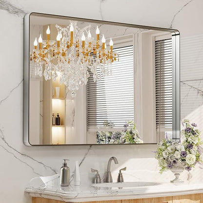 LOAAO 48X30 Inch Brushed Nickel Bathroom Mirror, Rounded Rectangle Silver Metal Frame Mirror, Brushed Nickel, Anti-Rust, Shatter Proof, Hangs Horizontally or Vertically