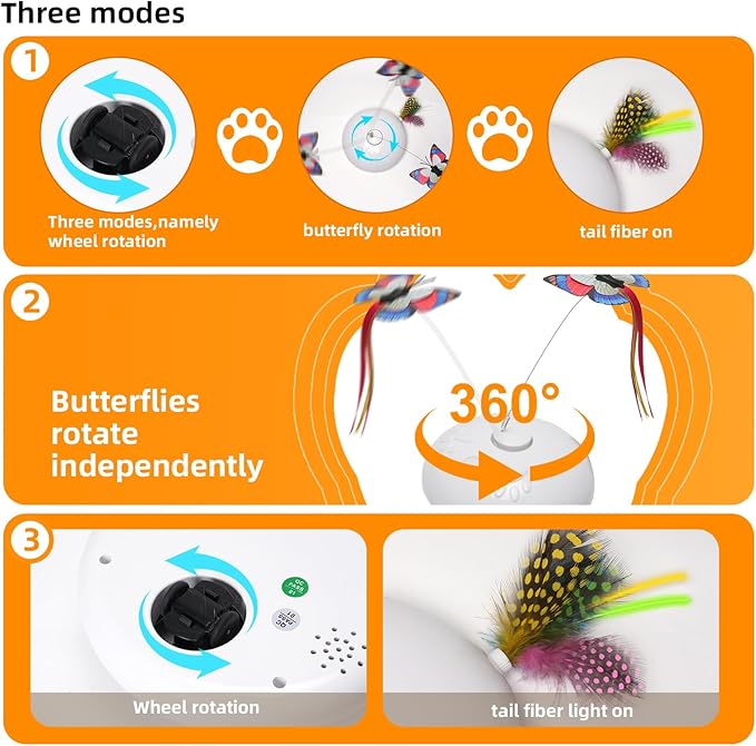 Cat Toy 3in1 Automatic Interactive Wand Toy for Indoor Cats,Moving Butterfly&Glowing Feathers Speedy Tail,Rechargeable Cat Enrichment Toys for Kittens-Mewly Pet