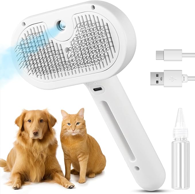 Cat steam brush – Effective Pet Brush for Indoor Cats, Steam Technology for Shedding, Mats & Grooming – Ideal cat brush indoor for Deep Cleaning (White)-Mewly Pet