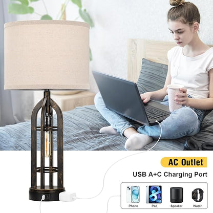 Seealle Table Lamp for Living Room Set of 2 - Copper Bedside Lamp for Bedroom with USB C+A & Outlet, Farmhouse Lamps for Night Stands, 3-Way Dimmable Touch Lamps for Living Room