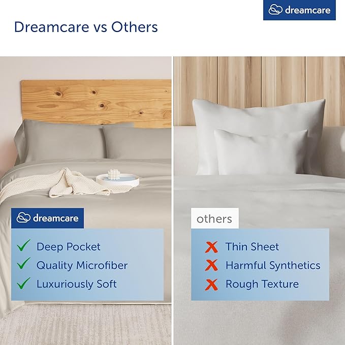 DREAMCARE King Size Sheets Set - Cooling Bed Sheets - 4pcs Set - up to 15" Deep Pocket King Sheet Set – Soft & Long Lasting Cooling - 100% Fine Brushed Microfiber with Side Pocket - Beige