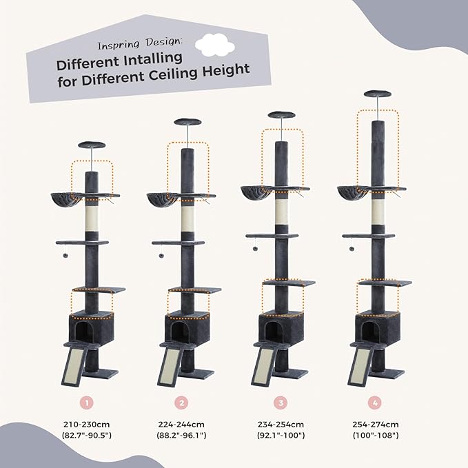 PEQULTI Floor to Ceiling Cat Tree, Tall Cat Tower, Adjustable Height (83''-108'') 5 Levels Climbing Tree for Indoor Cats with Cat Condo, Cozy Hammock and Scratching Post, Smoky Grey-Mewly Pet
