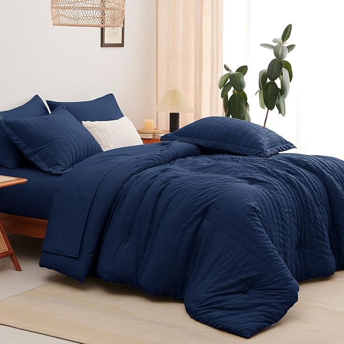 CozyLux King Size Comforter Set Navy Blue Seersucker 7 Pieces Bed in a Bag King Comforter Set with Sheets, Luxury Bedding Set with Down Alternative Comforter, Sheets, Pillowcases & Shams All Seasons