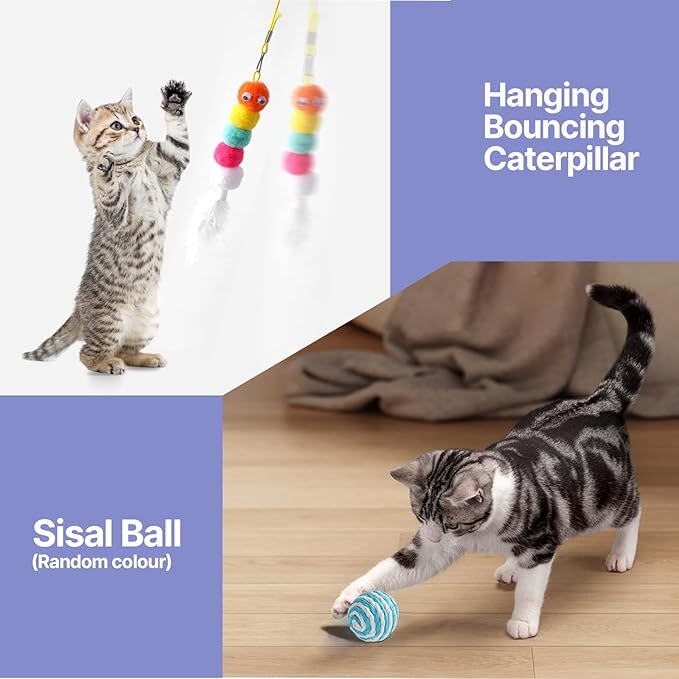 Cat Toys for Indoor Cats-7 Pieces Emrichment with Speedy Tail Moving Ball,Chirping Bird,Silvervine Sticks,Chew Rope,2 Cat Ball Toy,Hanging Caterpillar,Interactive Cat Toys for Bored Indoor Adult Cats-Mewly Pet