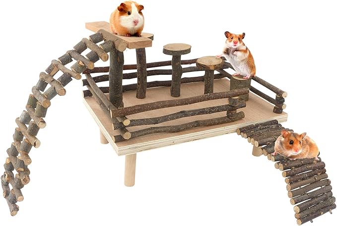 HOSUKKO Hamster Climbing Toys Wooden Hamster Playing Activity Set, Hamster Activity Playground Climb Platform Apple Wood Chewing Toys for Hamster Small Pets (D-Playground with Large Bridge)-Mewly Pet