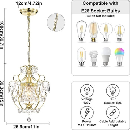 Small Crystal Chandelier for Bedroom, 90% Pre-Assembled 1 Light Gold Chandelier, Mini Acrylic Crystal Ceiling Light Fixture Charming for Girls Room, Closet, Bathroom, Entryway, Dining Room