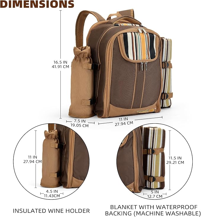 apollo walker Picnic Backpack Bag for 2 Person with Cooler Compartment, Detachable Bottle/Wine Holder, Fleece Blanket, Plates and Cutlery(2 Person, Brown)-Mewly Pet