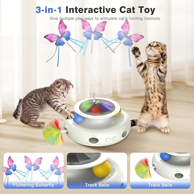 Automatic Interactive Cat Toys for Indoor Cats & Bored Adults - Kitten Toys with Fluttering Butterfly, Ambush Feather & Track Balls - Exercise & Stimulation for Playful Cats (Beige)-Mewly Pet