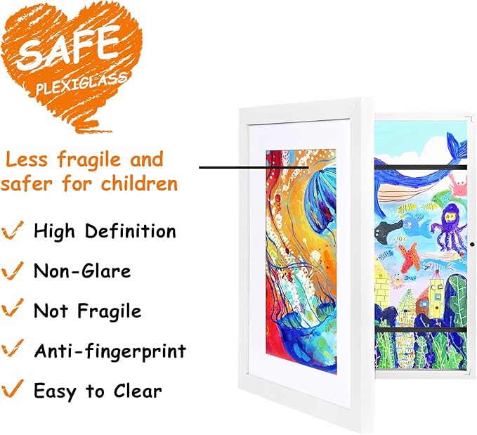 KINLINK A4 Kids Art Frames Set of 2, Solid Wood Kids Artwork Frames Changeable with Acrylic Front Opening Holds 150 Pictures 8.3x11.7, Art Frame for Kids Artwork with Mat or without Mat, White