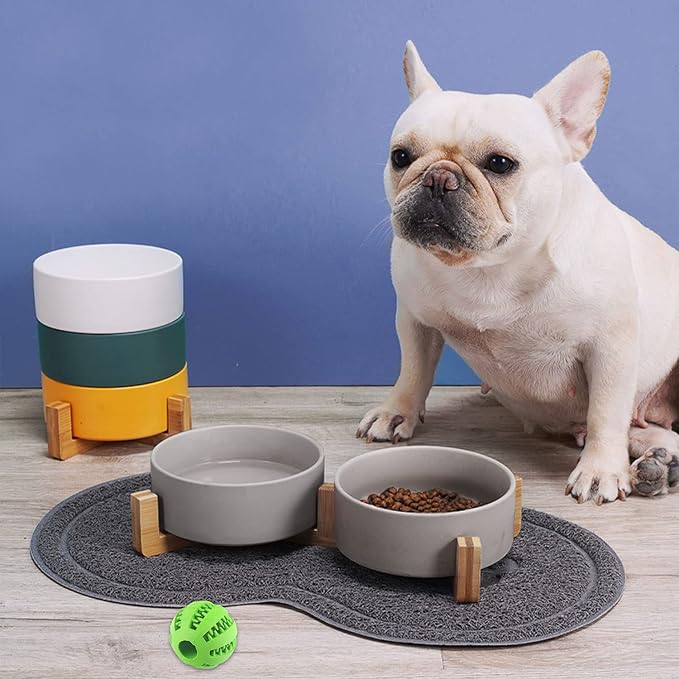 Petygooing Dog Bowls,Grey Ceramic Cat Dog Bowl Set with Wood Stand for Food and Water,Non-Slip Cute Modern Pet Dish Set for Cats and Medium Dogs (28OZ/6.1 in)-Mewly Pet
