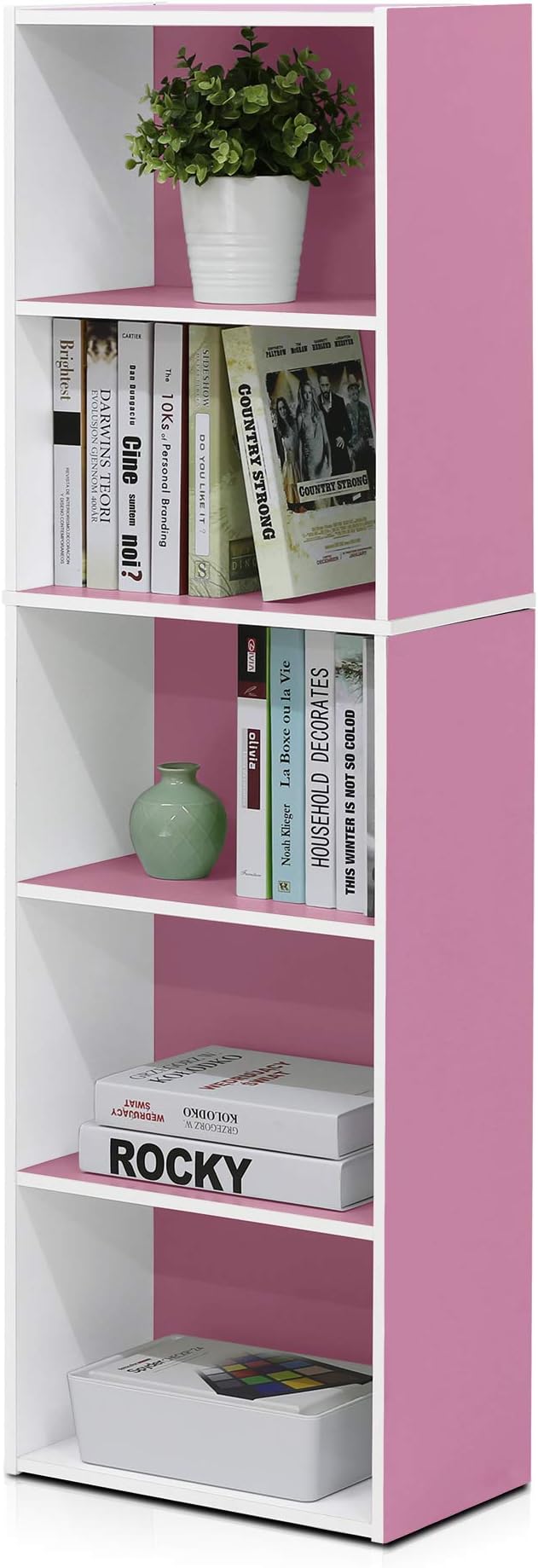 Furinno LUDER Book Shelf, 5-Tier Bookshelf, Bookcase, 9.4" x 15.8" x 52", for Living Room, Bedroom, Home Office, White/Pink