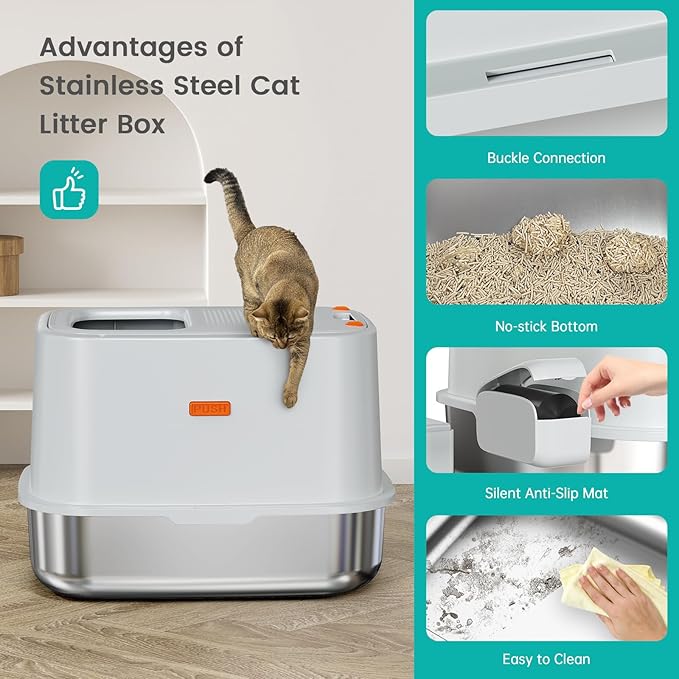 XL Stainless Steel Cat Litter Box Top Entry Extra Large Metal Litter Box with High Side for Big Cats, Multiple Cats, No Odor, Easy to Clean, Anti-Urine Leakage, Dog-Proof, Non-Sticky（Grey）-Mewly Pet