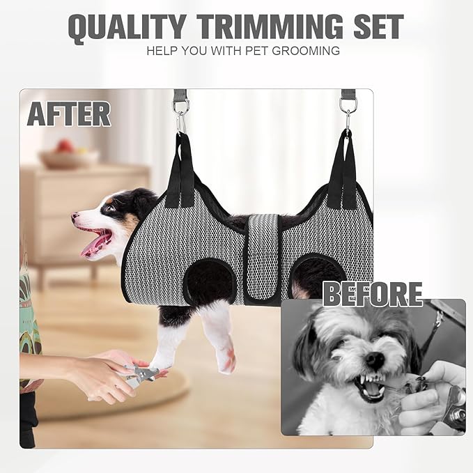 PAWCHIE Dog Grooming Hammock Harness for Dogs & Cats with Pet Nail Clipper Trimmer- Breathable Cat Hanger Sling for Trimming Clipping Nails-Dog Hammock Restraint Bag for Small Medium Large Dog, Grey M-Mewly Pet
