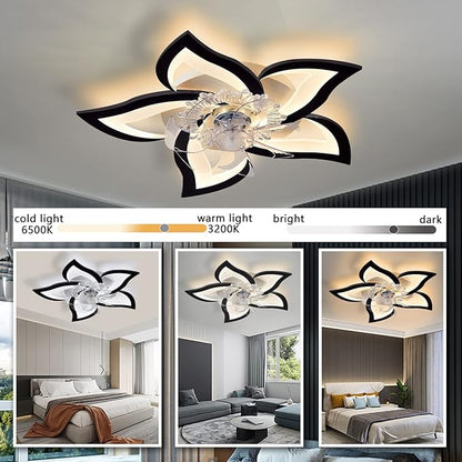 Low Profile Ceiling Fans with Lights,27.2” Black Modern Dimmable Flower Shape Ceiling Light Fan with Remote Control/app Control,Timing 6 Gear Speeds Fan Ceiling Lamp.