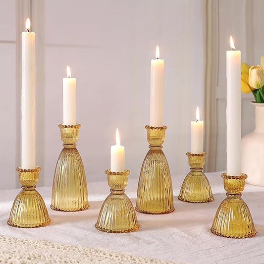 6 Pcs Amber Glass Candlestick Holders (3.5"/6", Assorted)- Tall Taper Candle Holders with Vintage Design, Candle Stick Holders in Bulk for Fall Party Decor, Amber Candle Holder for Tapered Candles
