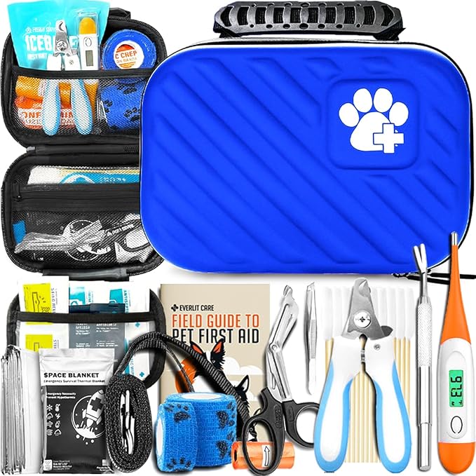 EVERLIT Pet Medic First Aid Kit | Vet-Approved Animal Care Kit with 95 Pcs Medical, Outdoor & Emergency Supplies to Treat Dogs, Cats | Travel-Friendly Compact Bag for Home, Car and Travel (Blue)-Mewly Pet
