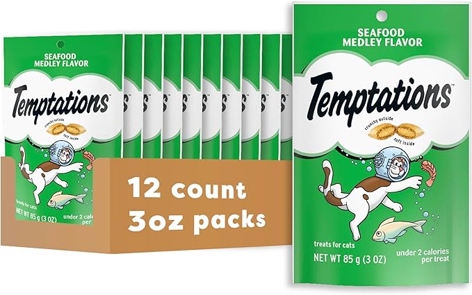 Temptations Classic Crunchy and Soft Cat Treats, Seafood Medley Flavor, 3 oz. Pouch (Pack of 12)-Mewly Pet