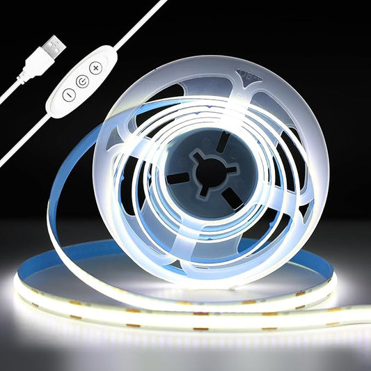 iNextStation USB COB LED Strip Light, 6.6ft 2M 5V 640LEDs 6000K Cold White USB LED Strips Dimmable CRI 93+ Flexible LED Tape Lights for TV Backlight, Under Cabinet, Mirror, Wardrobe, Home Decor