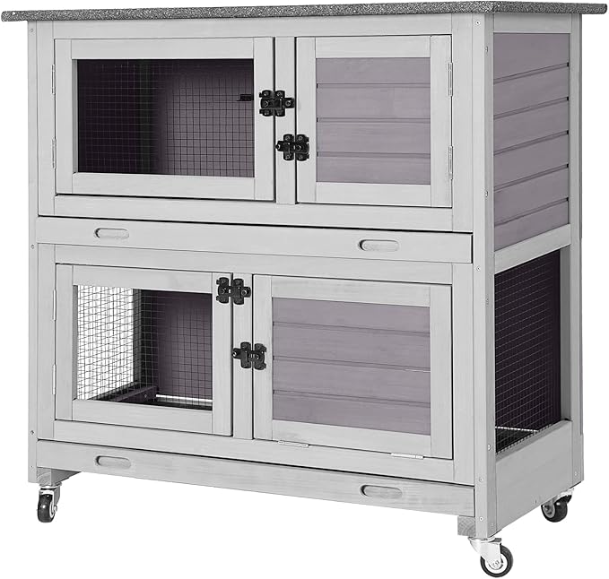 GUTINNEEN Rabbit Hutch Indoor with Chew-Proof Design, Wooden Bunny Cage Outdoor Guinea Pig Cages with Wheels, Leak-Proof Trays for Rabbits, Guinea Pigs, Small Animals-Mewly Pet