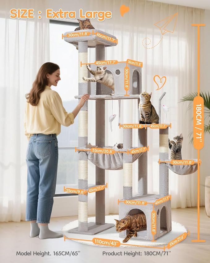 Taoqimiao 71 Inches Cat Tree for Indoor Cats Large Adult, Multi-Level Tall Cat Tower, 2 Cat Condo with 6 Scratching Posts, Super Large Hammcock, Cat Toys, Cozy Basket, Light Gray, MS037W-Mewly Pet