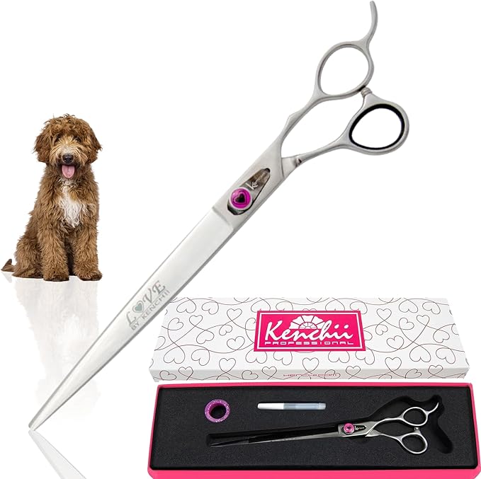 Kenchii Love Dog Grooming Scissors, 9 Inch Straight Shears, Dog Scissors for Grooming, Professional Pet Grooming Scissors, Heavy Duty, Durable and Sharp-Mewly Pet