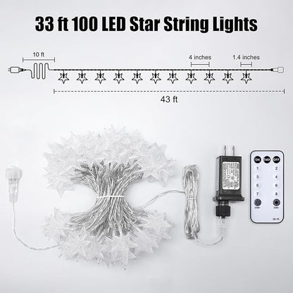 Star String Lights Plug in - 33 ft 100 LED Star Fairy String Lights with Remote and Timer, 8 Modes Waterproof for Bedroom Tent Loft Bed Window Backyard Patio Porch Balcony Staircase Party, White